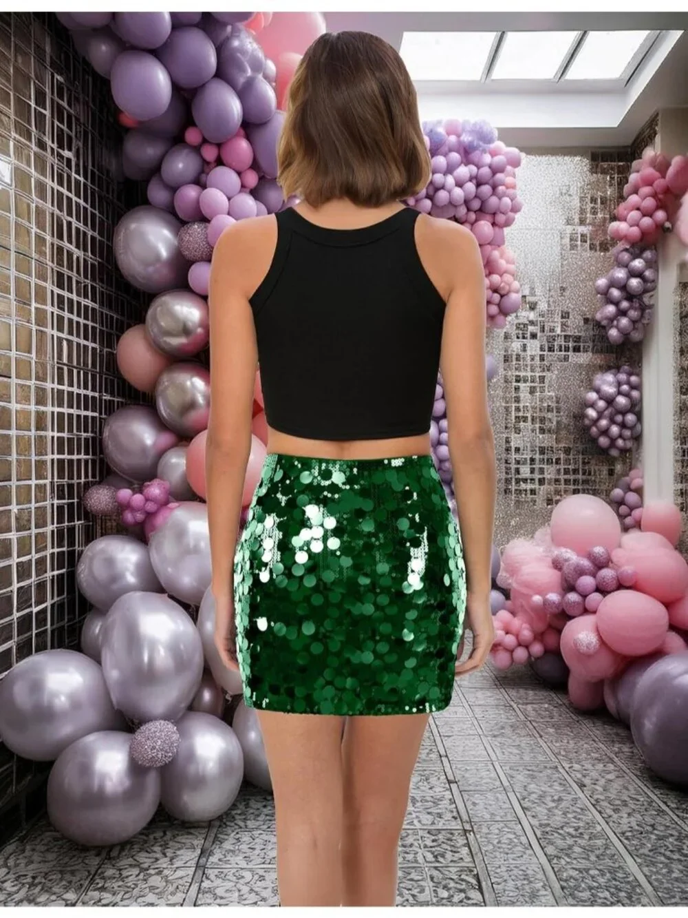 Women's Large Sequin Sparkle High Waist Bodycon Stretchy Dark Green Mini Skirt